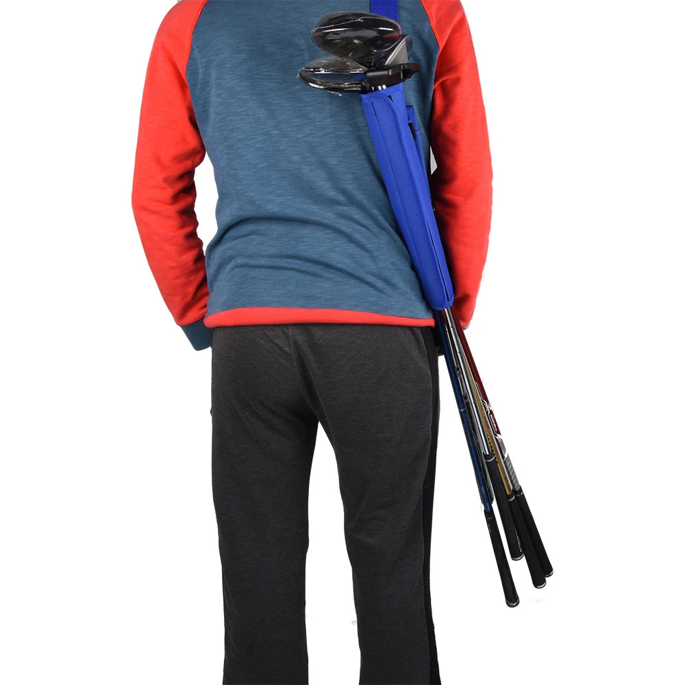 Person wearing a blue and red shirt with a blue and black object over their shoulder on a white background