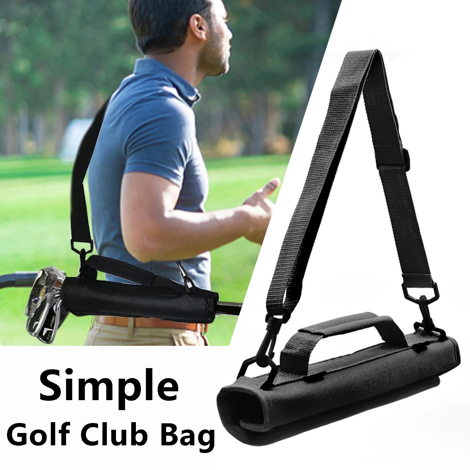 Black golf club bag with straps on a white background, featuring a man on a golf course.