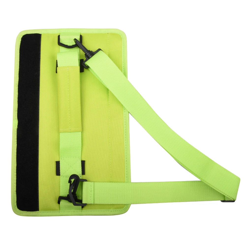 Neon green crossbody bag with a strap on a white background