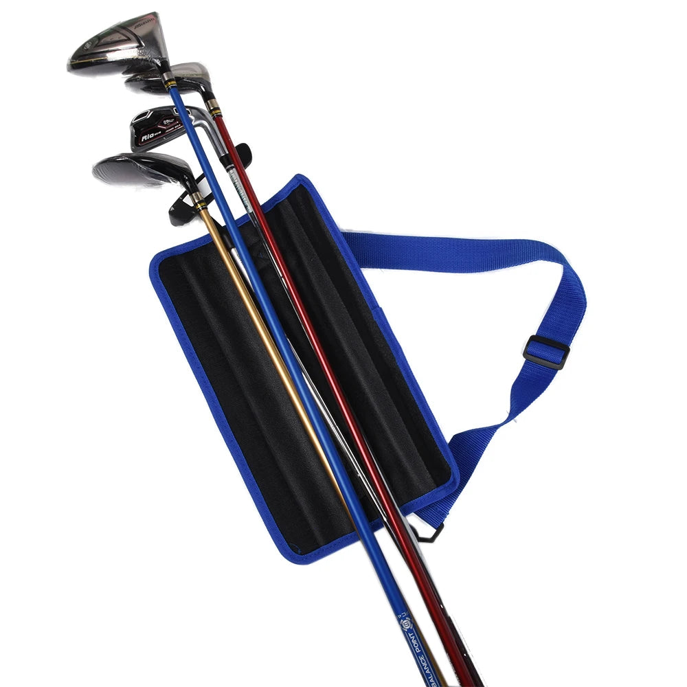 Set of golf clubs in a blue case with a strap on a white background