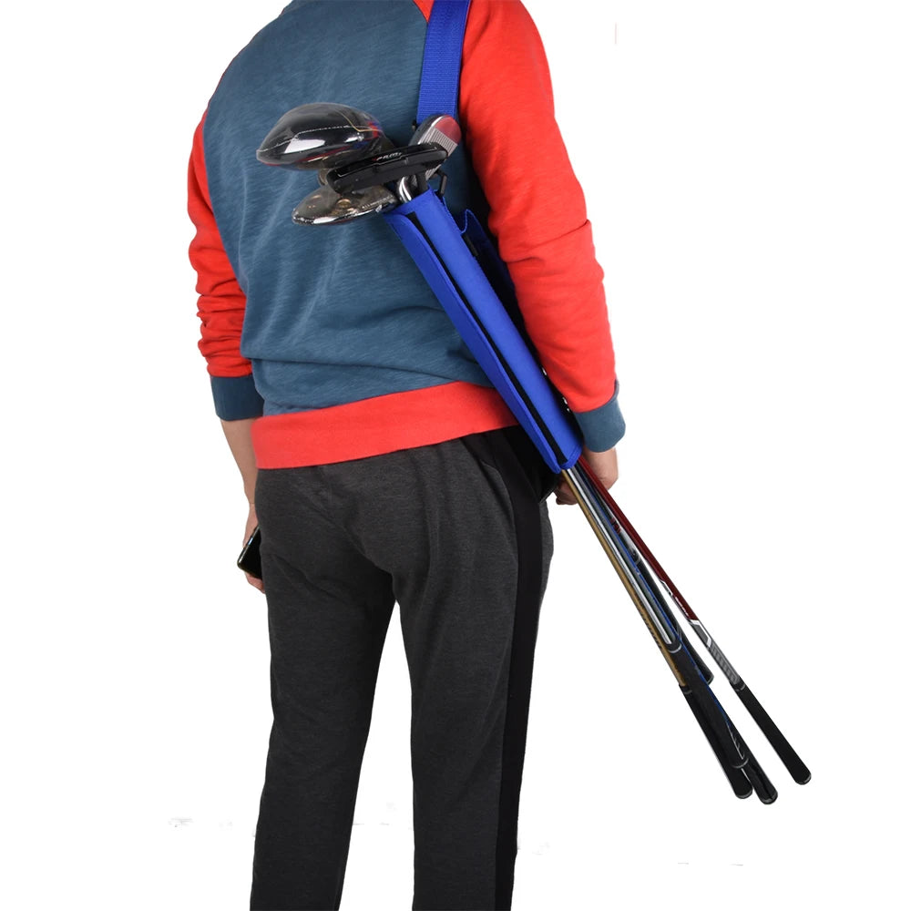 Person holding a blue and black tripod over their shoulder on a white background