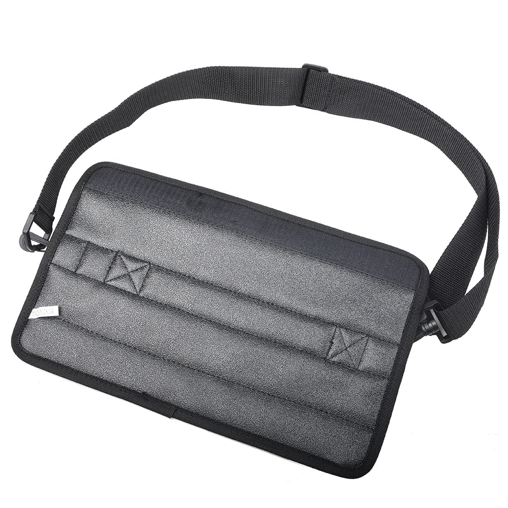 Gray crossbody bag with black strap on a white background
