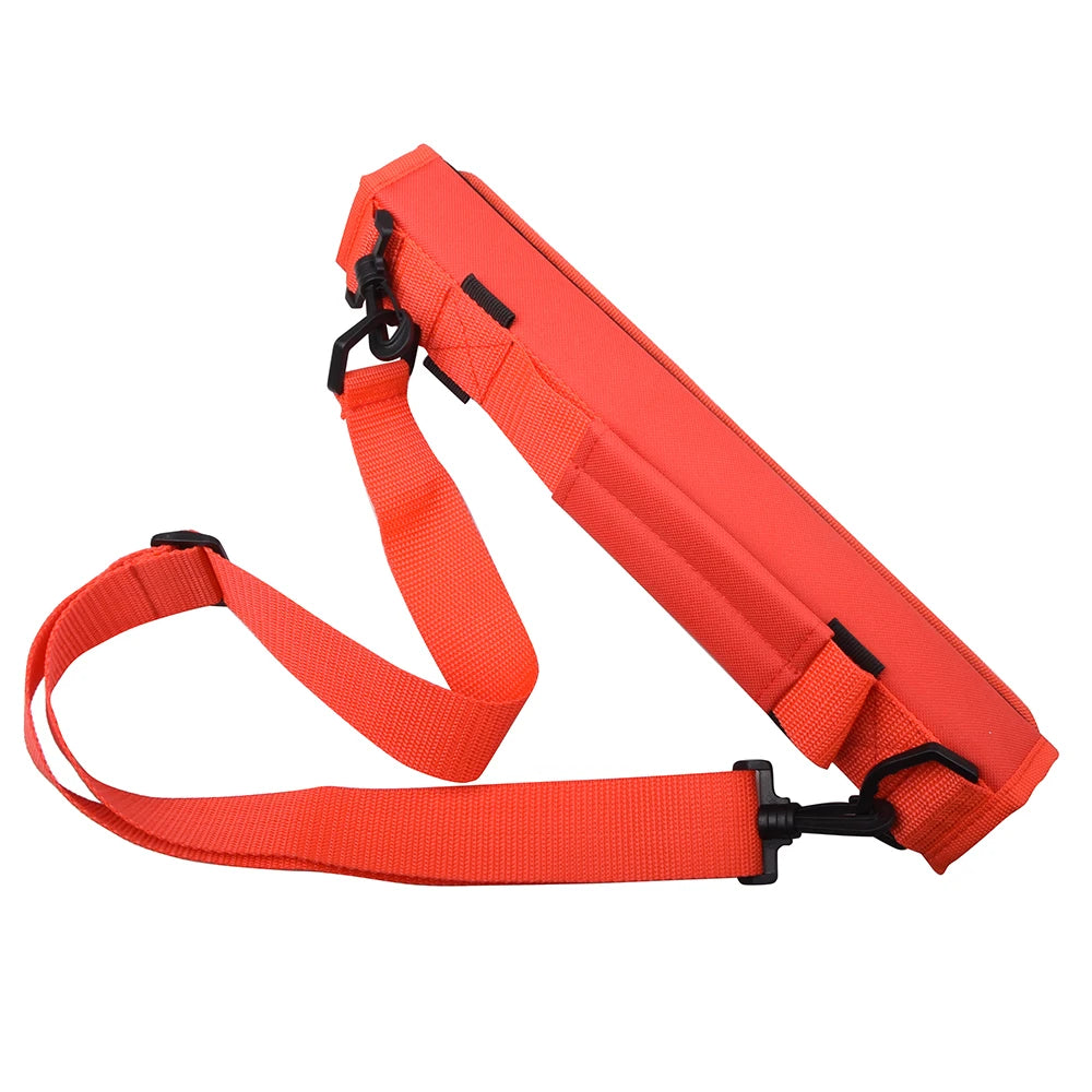 Red strap with black hardware on a white background