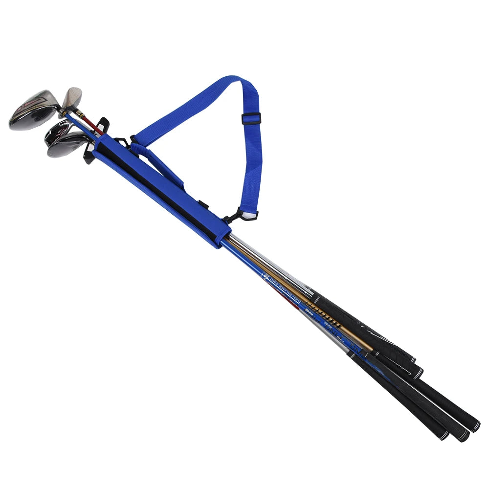 Blue golf club with three clubs on a white background