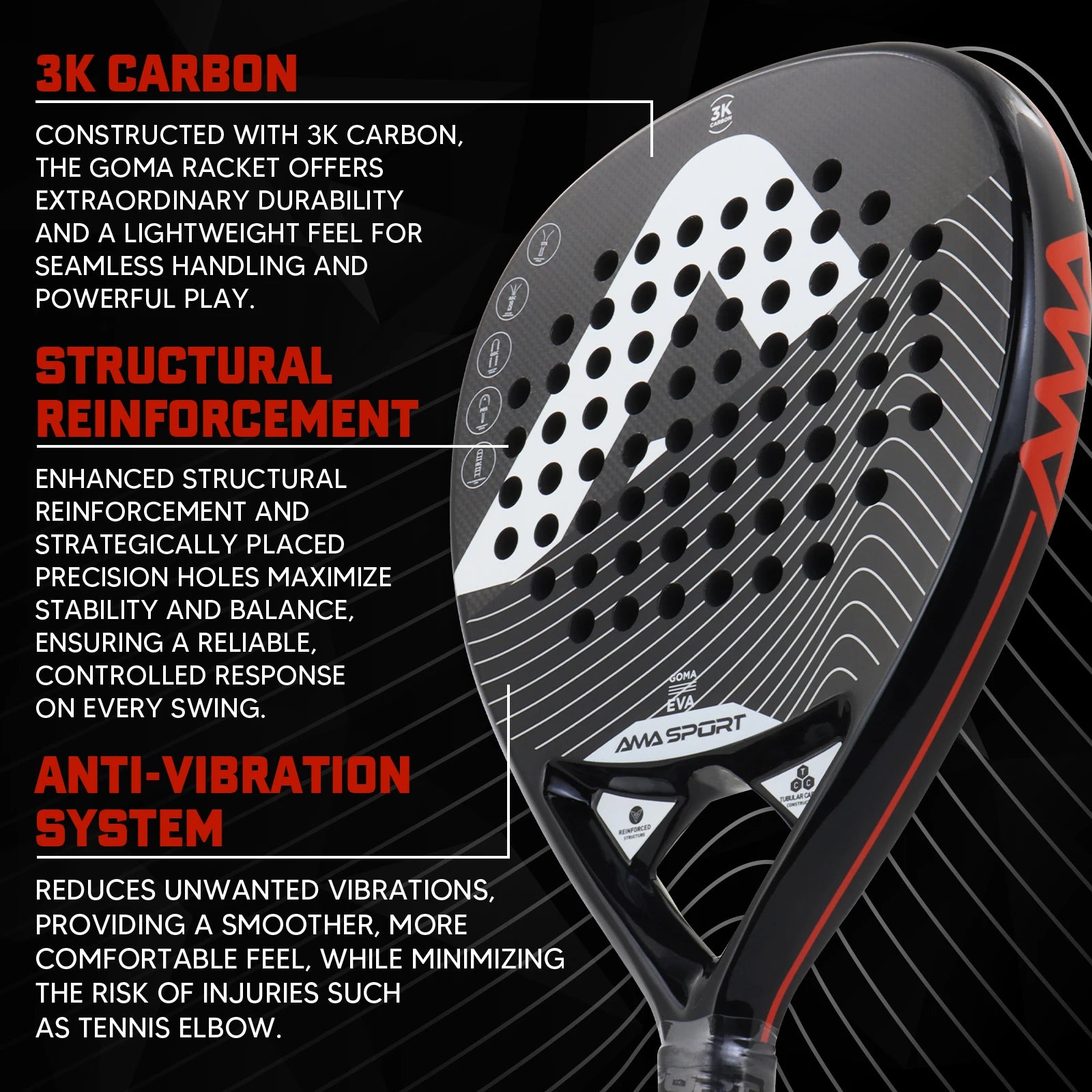 AMA Sport P42 Full Carbon Padel Racket – Rough Surface Power & Control Paddle - Ravar
