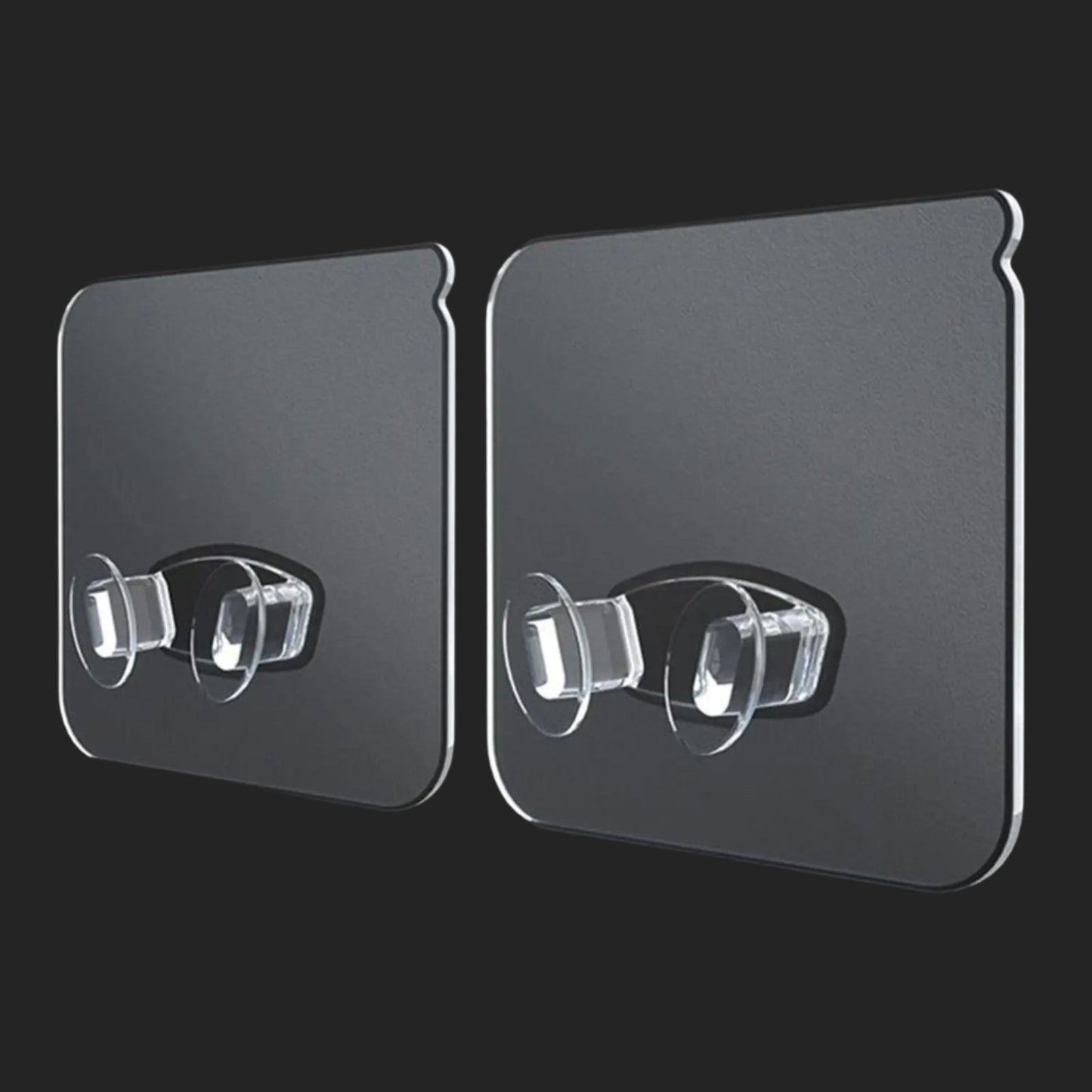 Two black adhesive strips with clear silicone hooks on a black background, labeled '10pcs'.