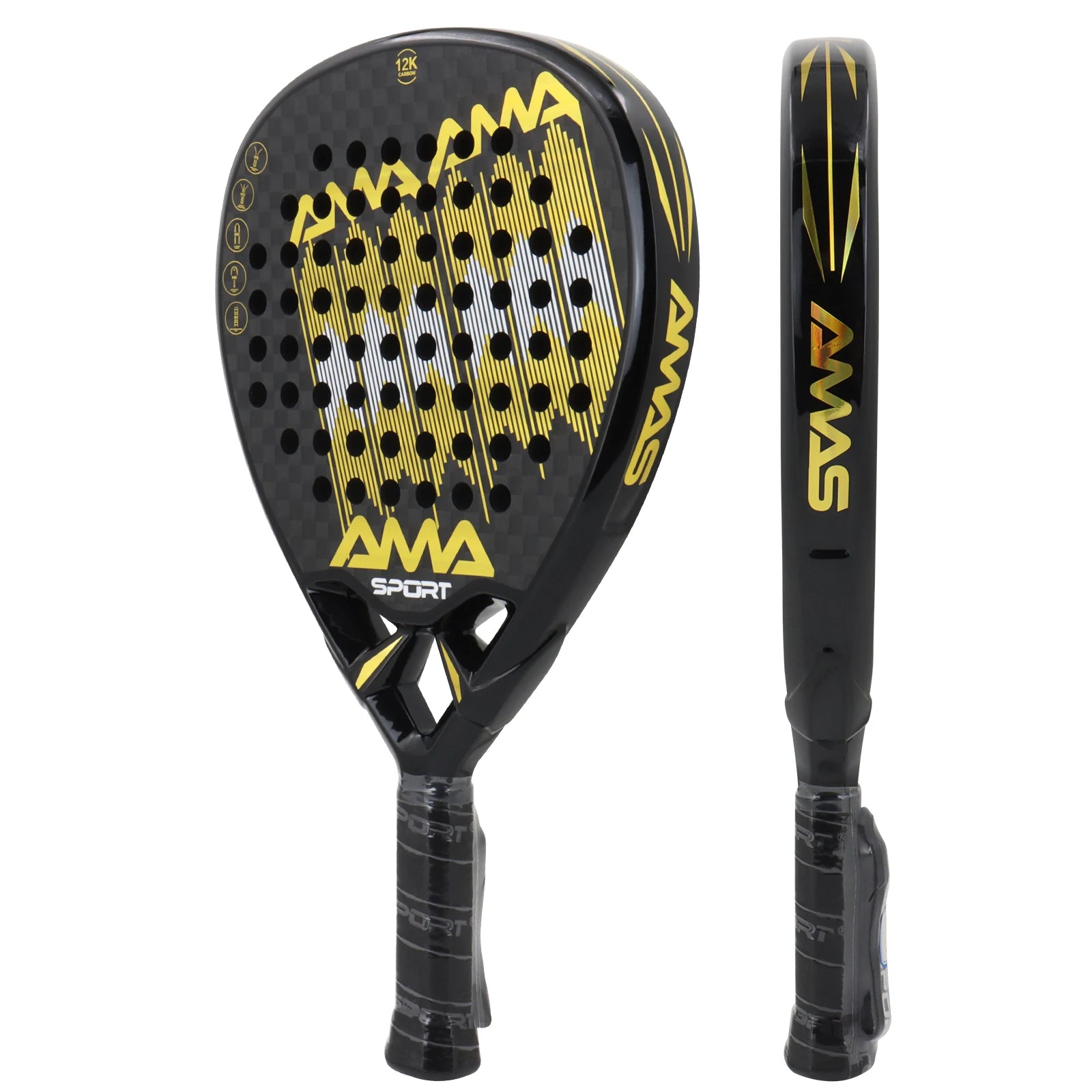 AMASPORT 12K Carbon Fiber Paddle Tennis Racket Dynamic Air Flow Design High Density EVA Memory Flex Foam Core With Soft Grip - Ravar