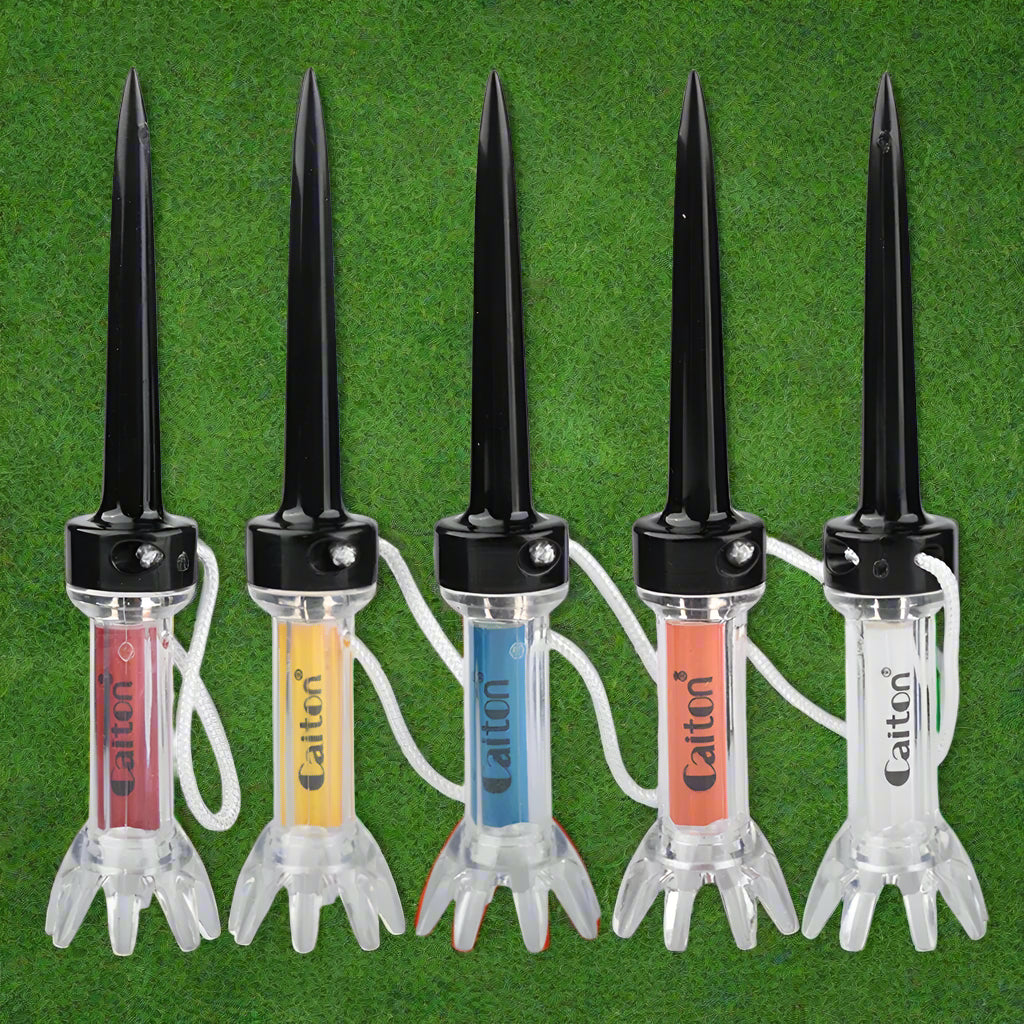 Five rocket-shaped Calter products with different colored nozzles on a white background