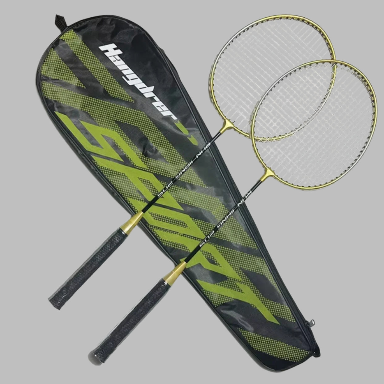 Two badminton rackets with a black carrying case on a white background