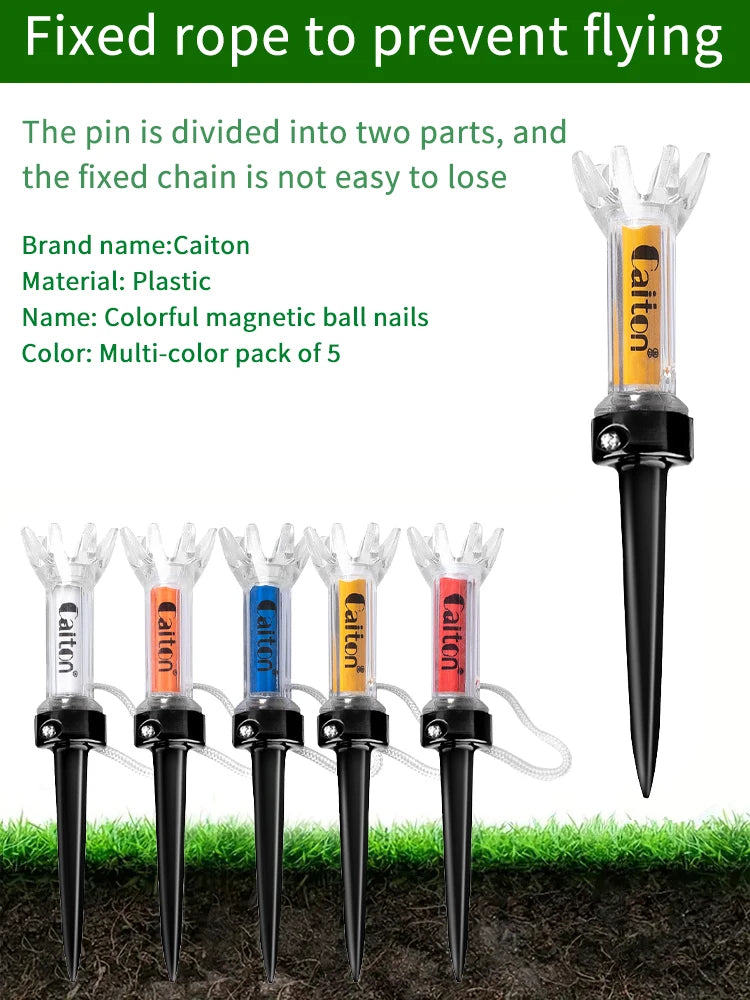 Caiton 5pcs Magnetic Golf Tee Set – 360° Impact Plastic Tees with Anti-Fly String for Training & Distance Improvement - Ravar