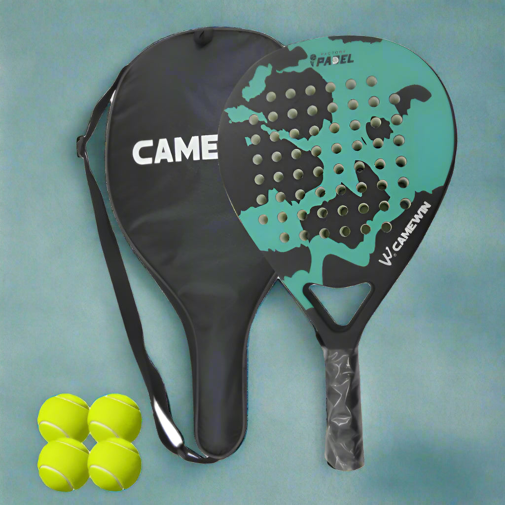 Paddle racket with camouflage design, cover, and three tennis balls on a white background