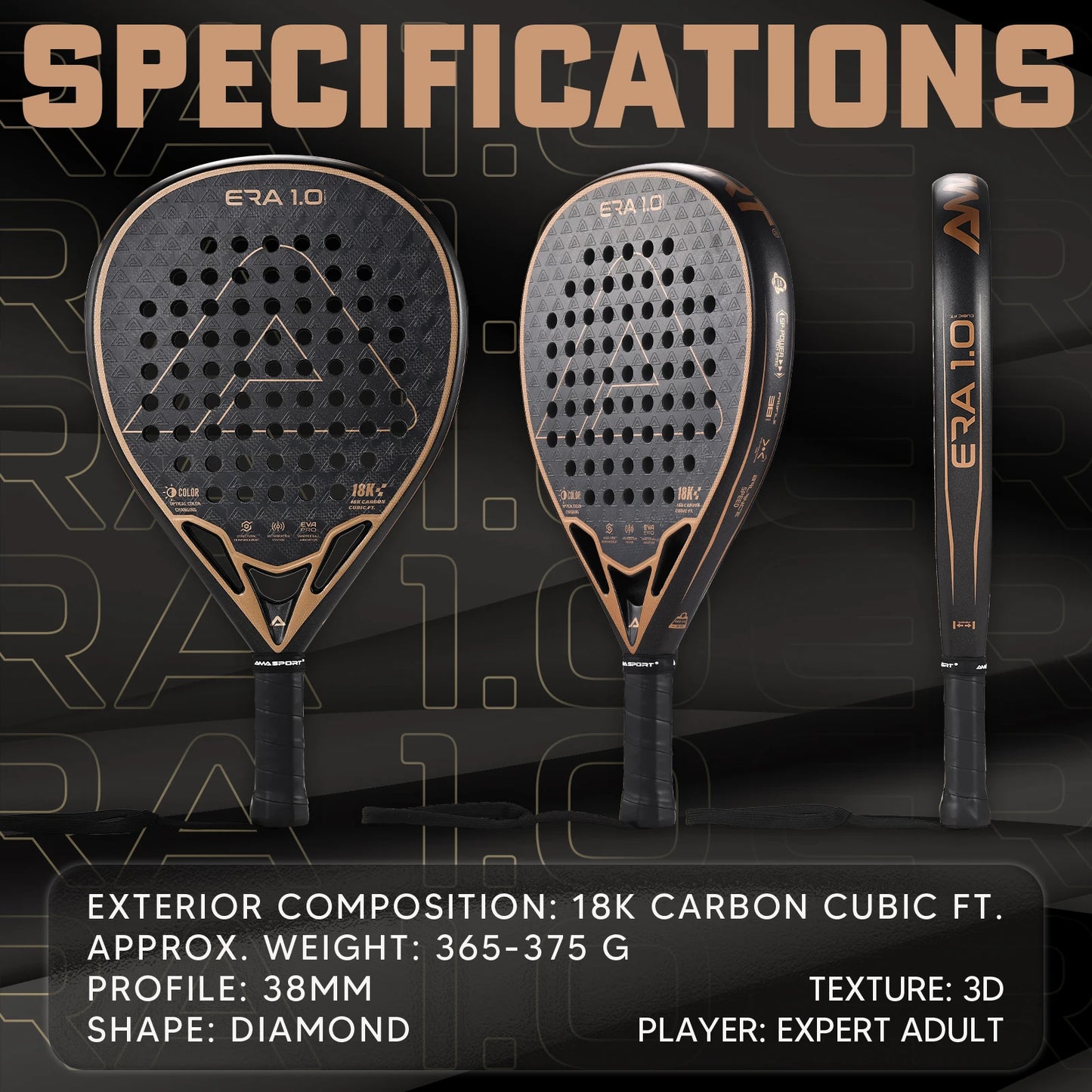 AMA Sport Era 1.0 Cubic 18K Carbon Padel Racket – Diamond Shape with 3D Spin Surface - Ravar