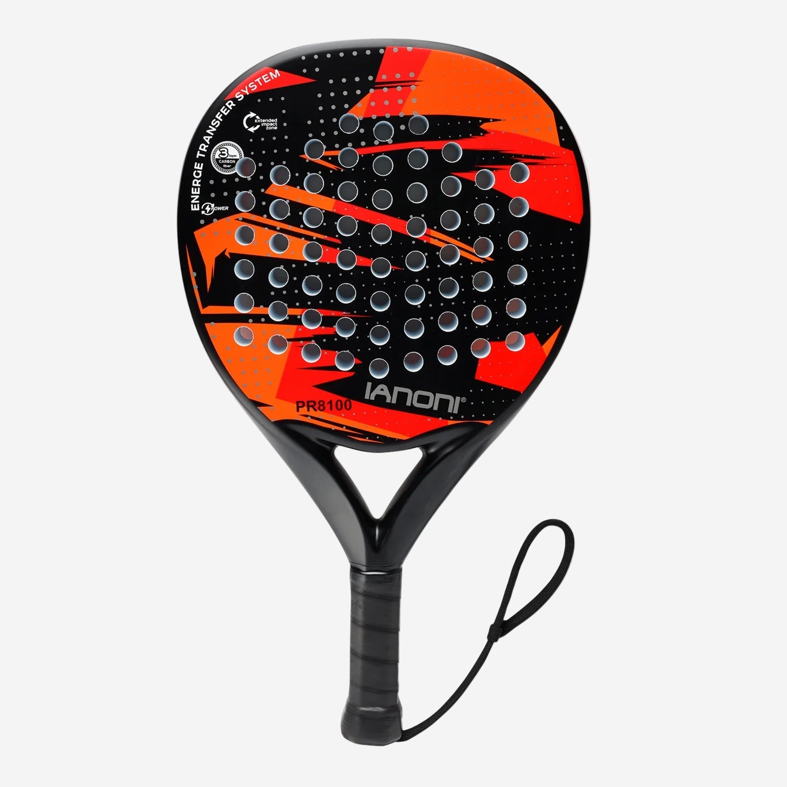 Orange and black tennis racket with 'Iannon' branding on a white background