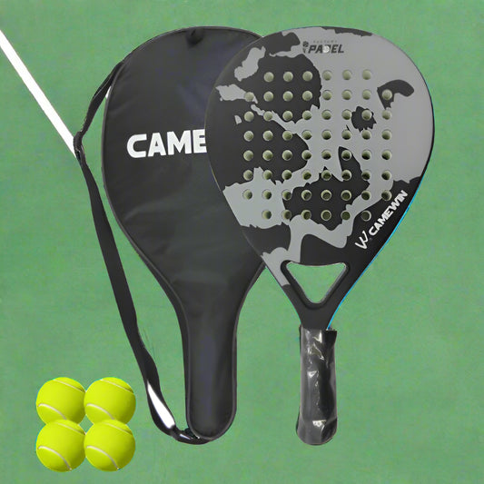 Paddle racket with cover and balls on a white background
