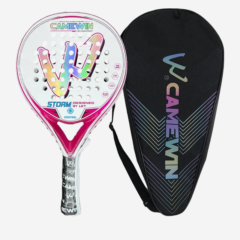 Paddle racket with colorful design and black carrying case on a white background