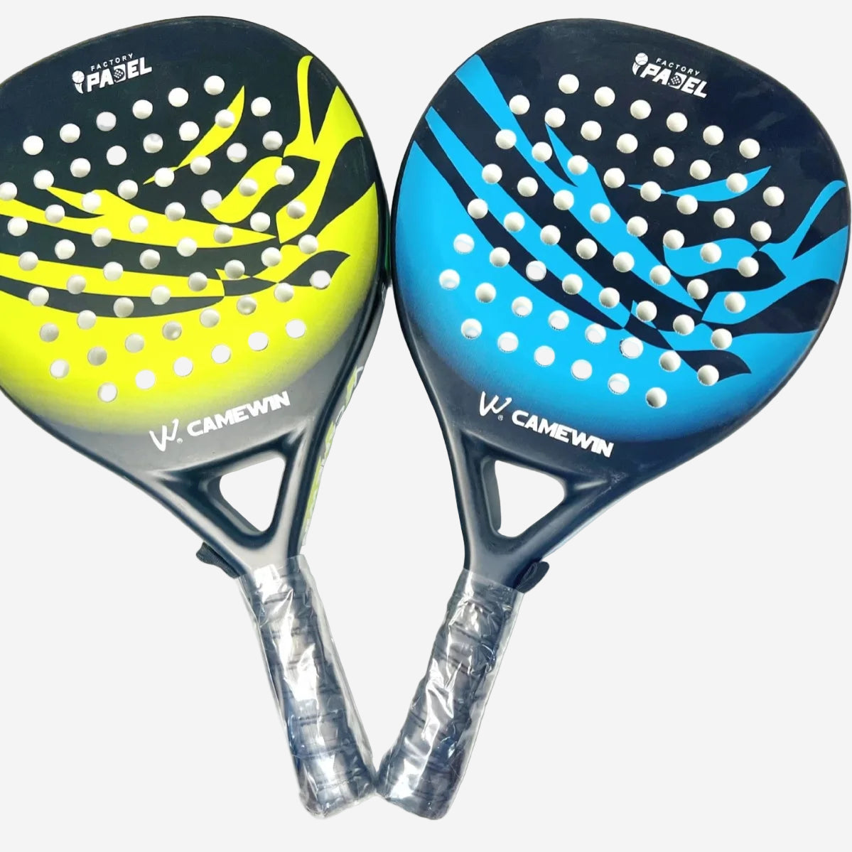 Two paddle tennis rackets with blue and yellow designs on a white background