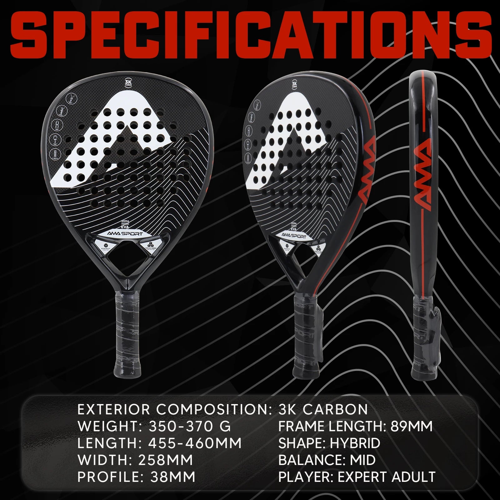 AMA Sport P42 Full Carbon Padel Racket – Rough Surface Power & Control Paddle - Ravar