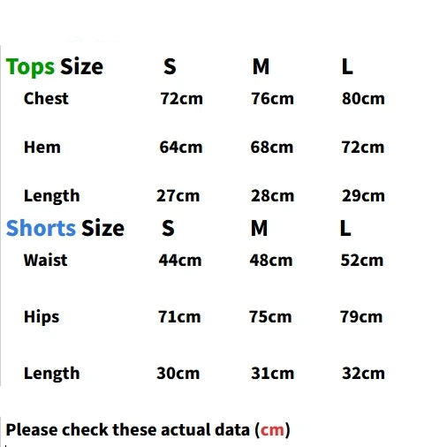 Size chart for tops and shorts with measurements in centimeters