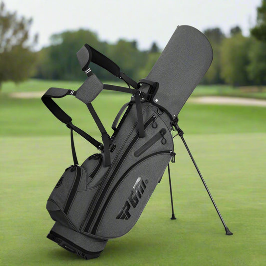 Gray golf bag with stand and PGM logo on a white background