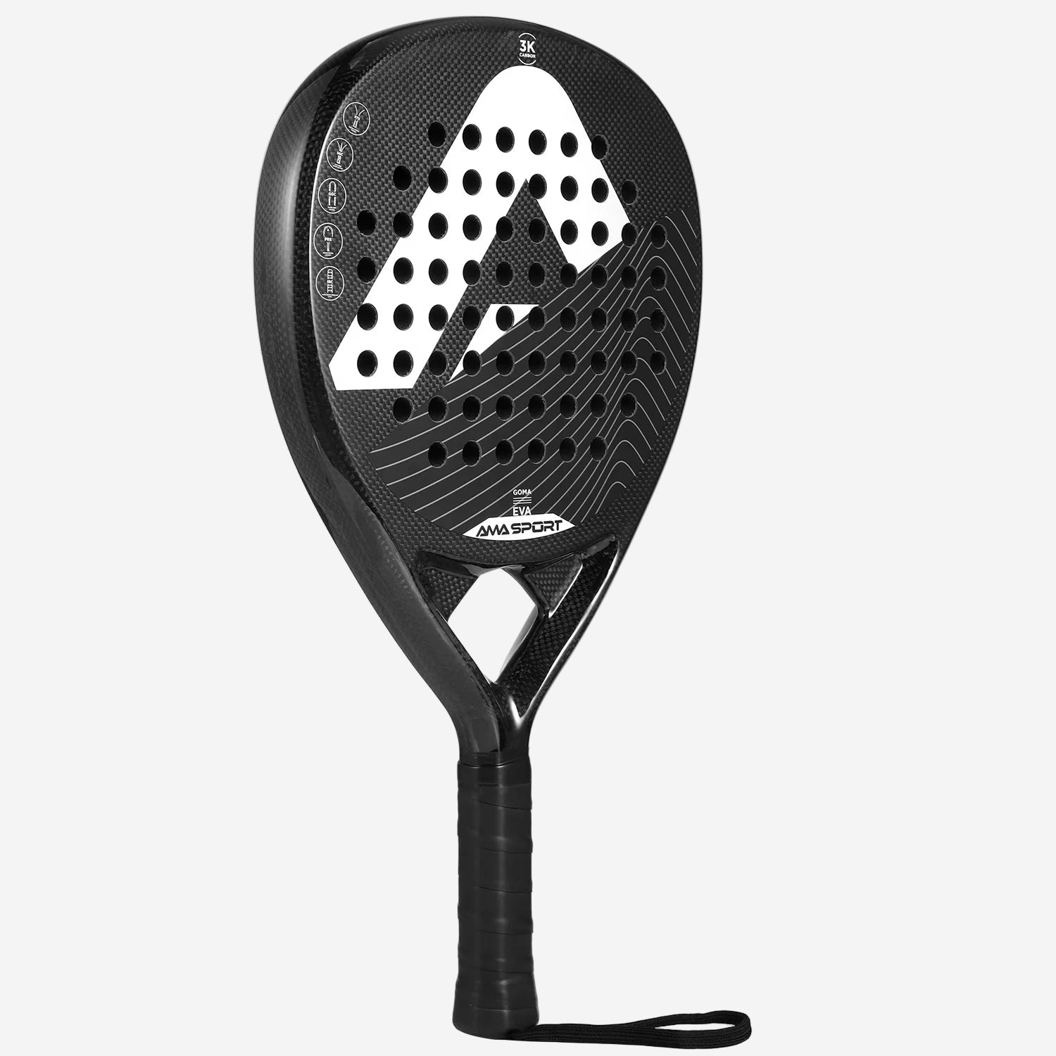 Black and white racket with brand logo on a white background
