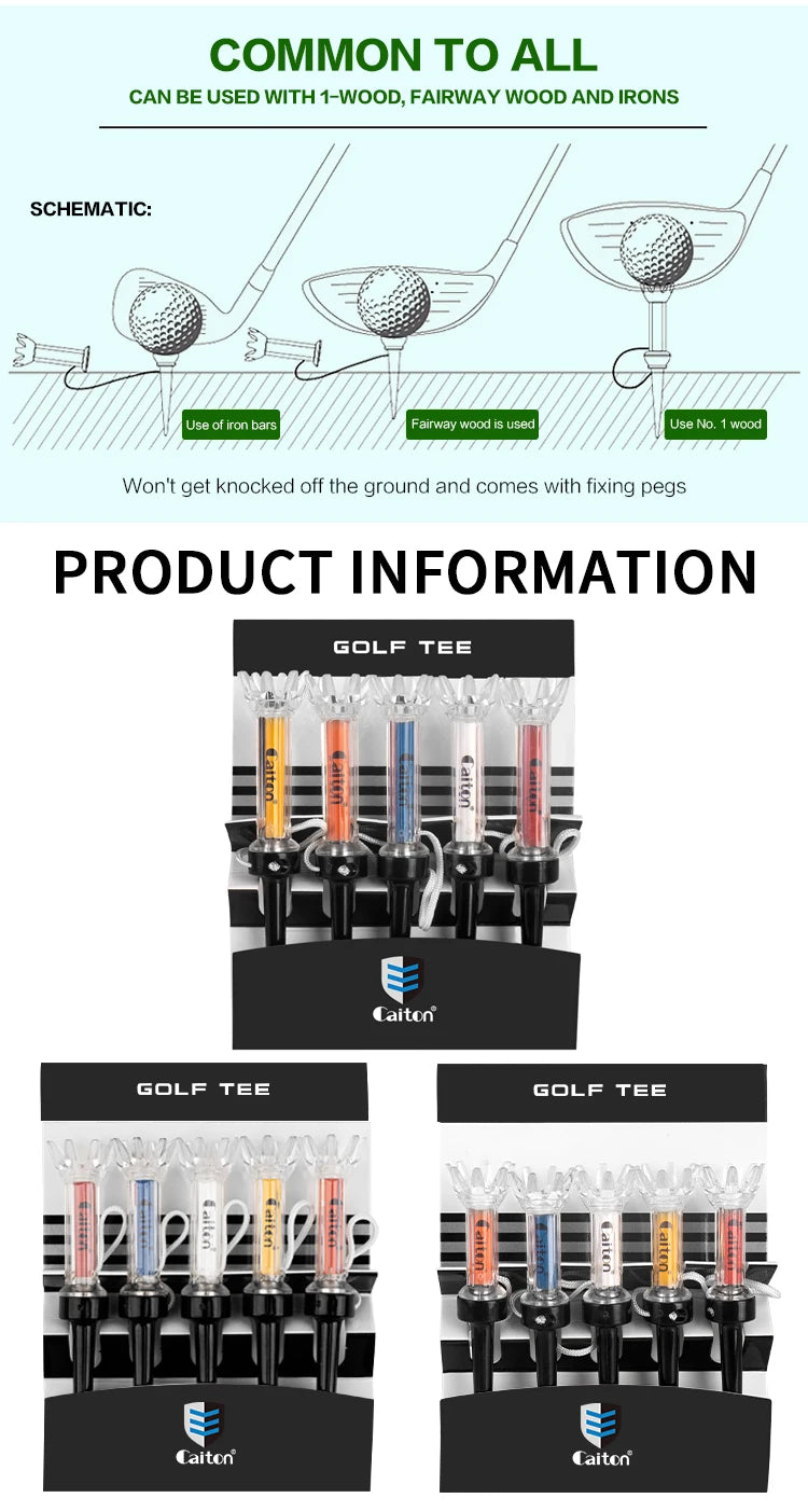 Caiton 5pcs Magnetic Golf Tee Set – 360° Impact Plastic Tees with Anti-Fly String for Training & Distance Improvement - Ravar