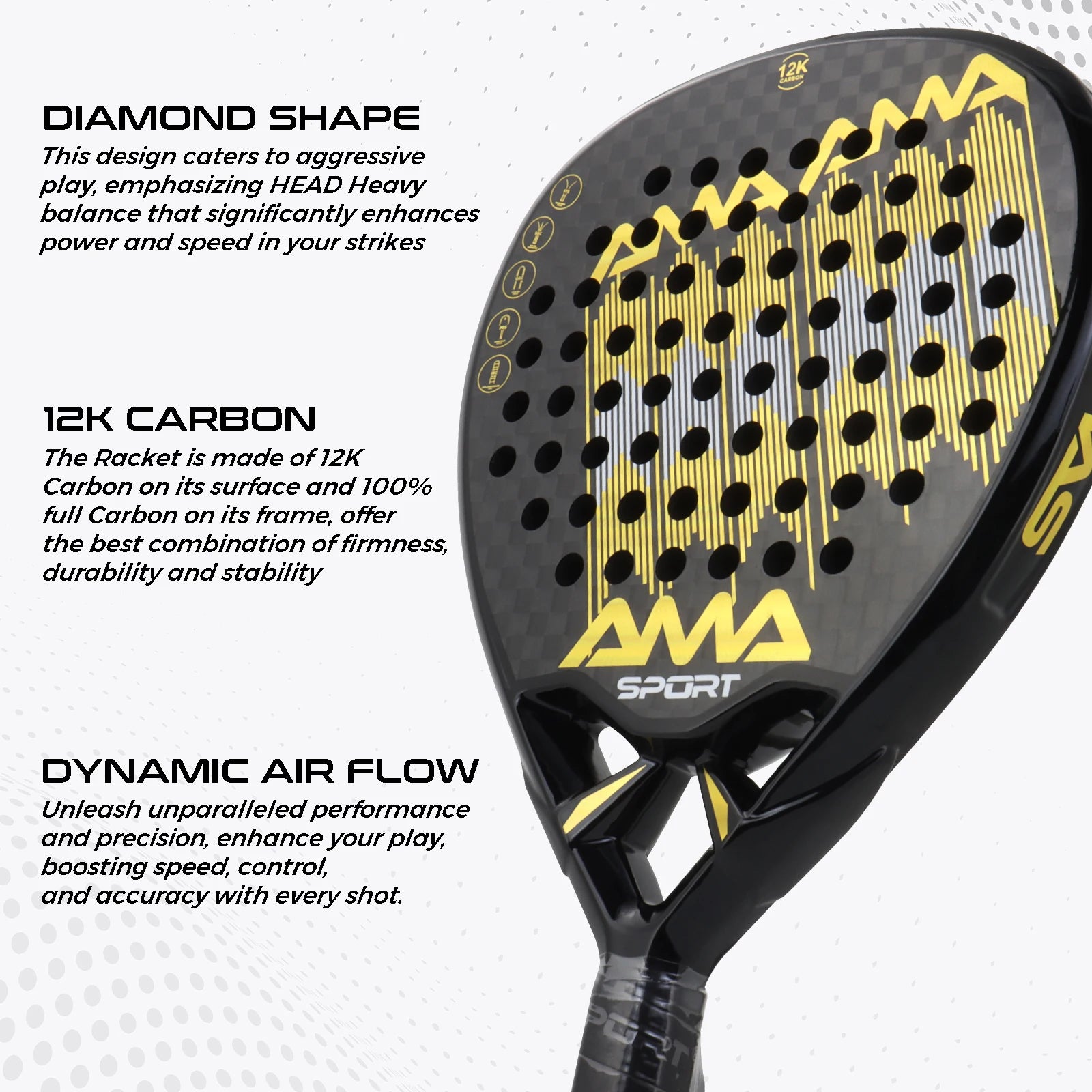 AMASPORT 12K Carbon Fiber Paddle Tennis Racket Dynamic Air Flow Design High Density EVA Memory Flex Foam Core With Soft Grip - Ravar