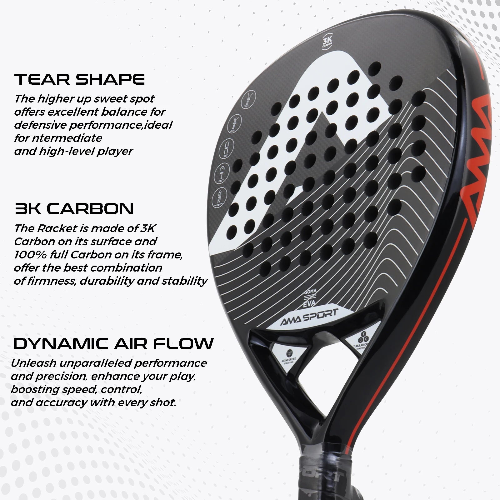 Paddle racket with text highlighting features on a white background