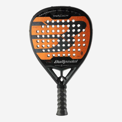 Orange and black Bullpadel racket on a white background