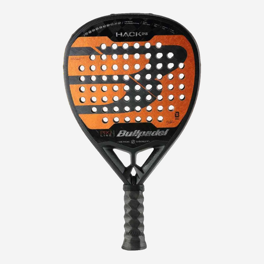 Orange and black Bullpadel racket on a white background