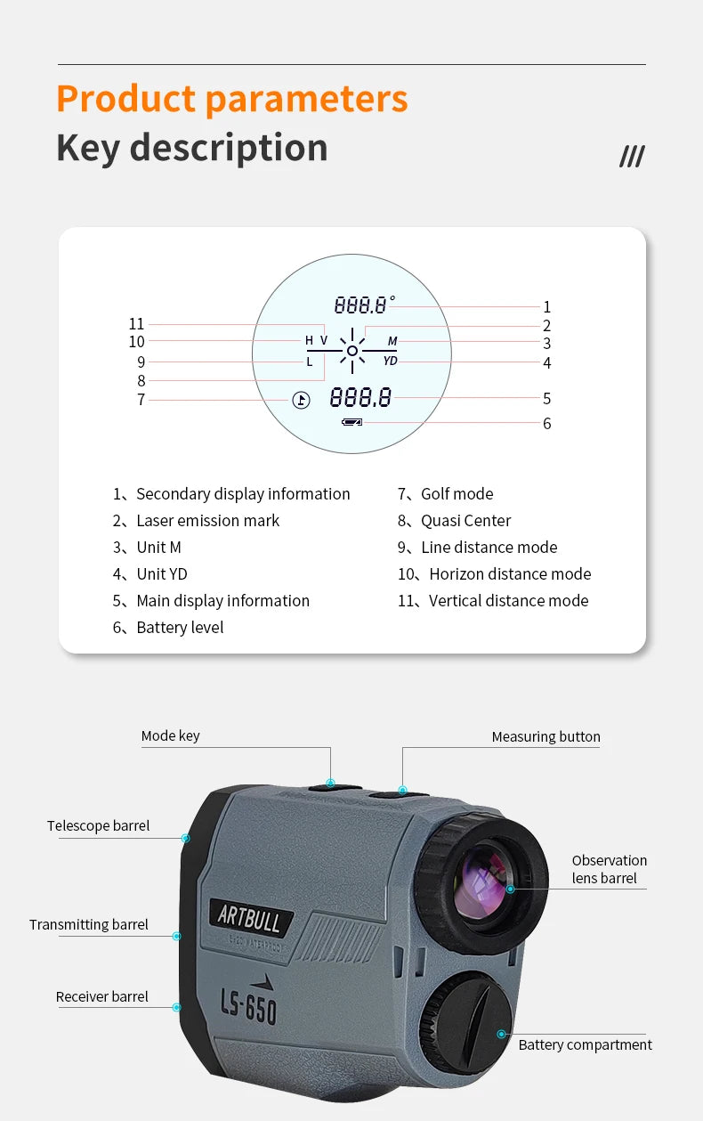 ARTBULL Golf Laser Rangefinder – 1000M/650M Distance Meter with Flagpole Lock, Slope Compensation & 6X Magnification (Model LS-1000) - Ravar