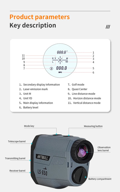 ARTBULL Golf Laser Rangefinder – 1000M/650M Distance Meter with Flagpole Lock, Slope Compensation & 6X Magnification (Model LS-1000) - Ravar