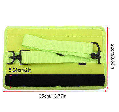 Green waist bag with measurement details on a white background