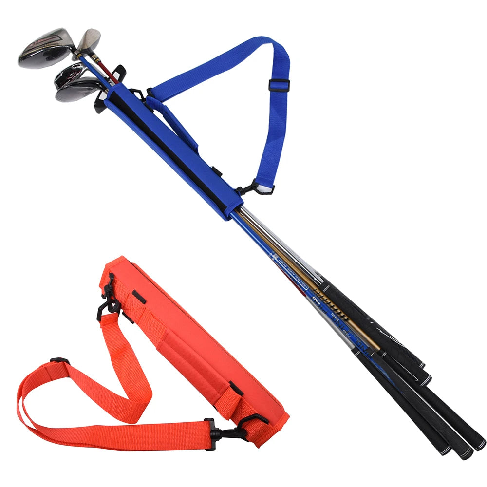 Golf club with blue and red straps on a white background