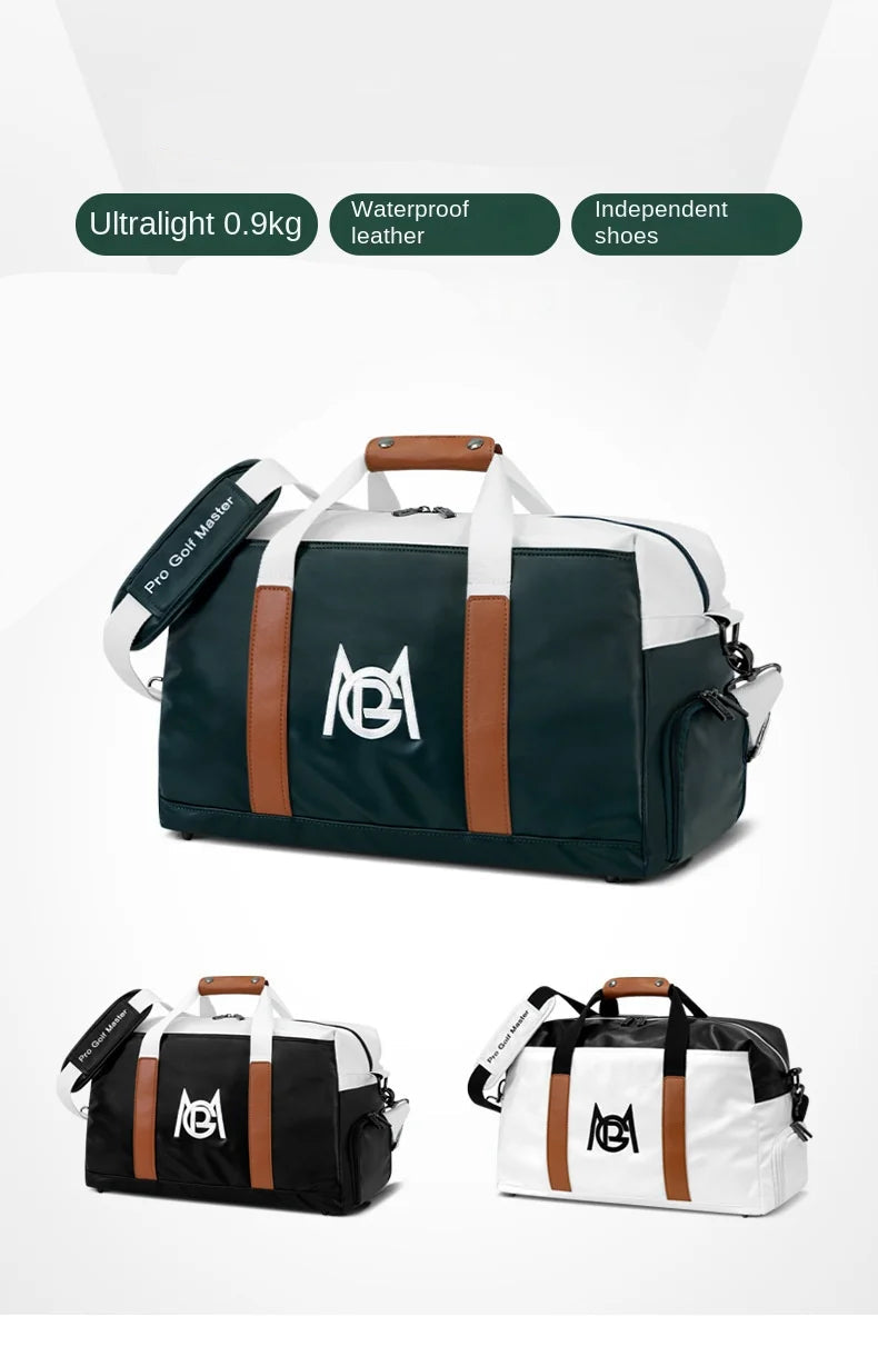 Golf clothing bag with ultralight, waterproof leather, and independent shoes features on a white background.