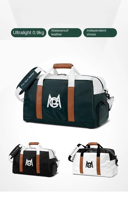 Golf clothing bag with ultralight, waterproof leather, and independent shoes features on a white background.