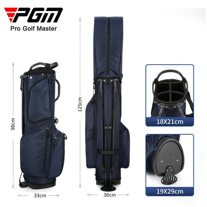 Navy blue golf bag with dimensions and features on a white background