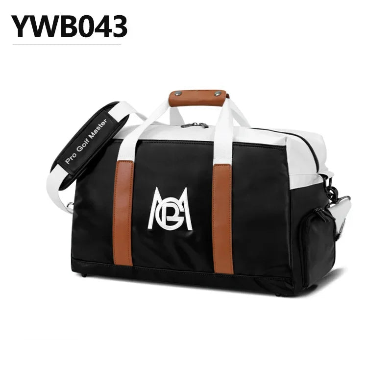Black and white duffel bag with brown straps on a white background