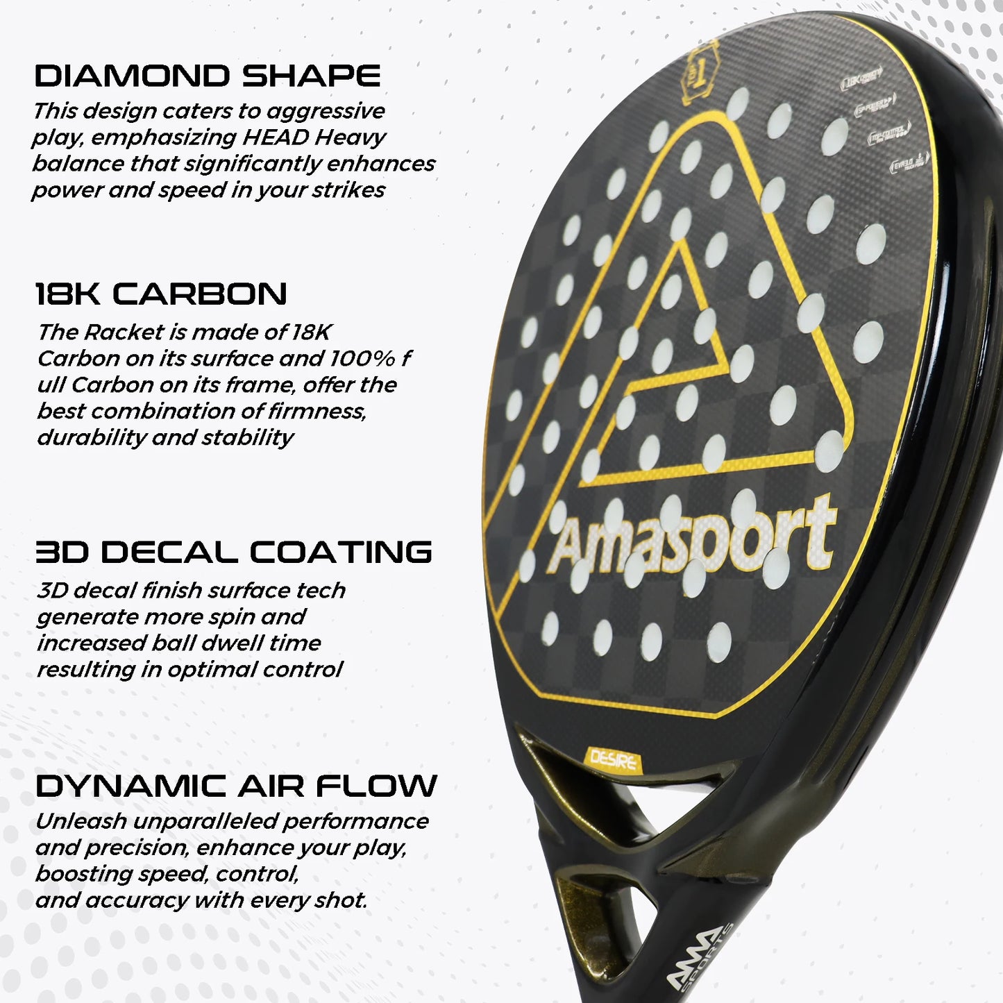 AMASPORT 3k/12k/18k Padel Tennis Racquets High Density & Quality With Padel Bags For Racket EVA Memory Flex Foam Core For Unisex - Ravar
