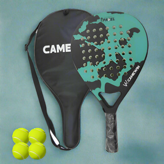 Paddle racket with camouflage design, cover, and three tennis balls on a white background