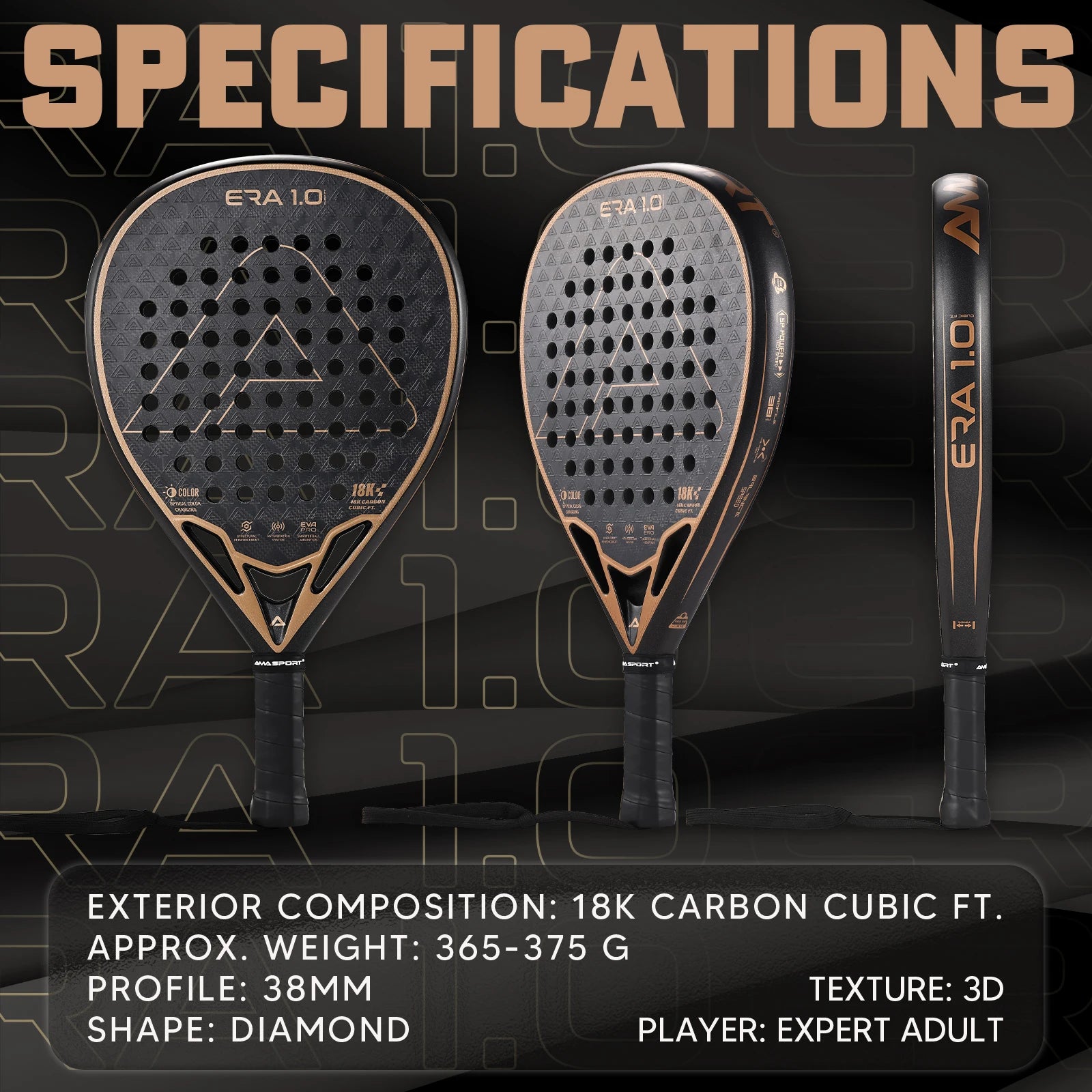 AMA Sport Era 1.0 Cubic 18K Carbon Padel Racket – Diamond Shape with 3D Spin Surface - Ravar