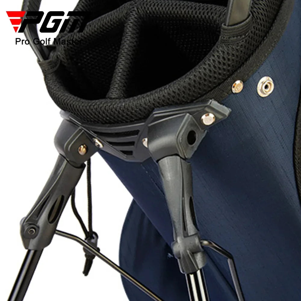 Close-up of a golf bag with a stand and PGT logo on a white background