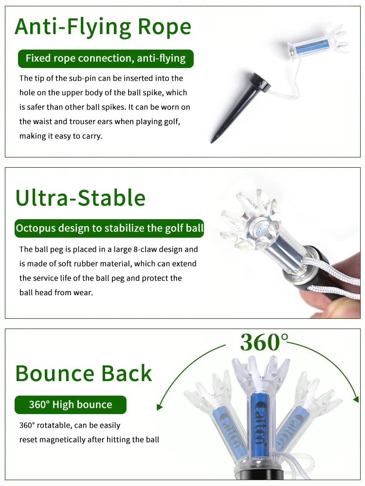 Caiton 5pcs Magnetic Golf Tee Set – 360° Impact Plastic Tees with Anti-Fly String for Training & Distance Improvement