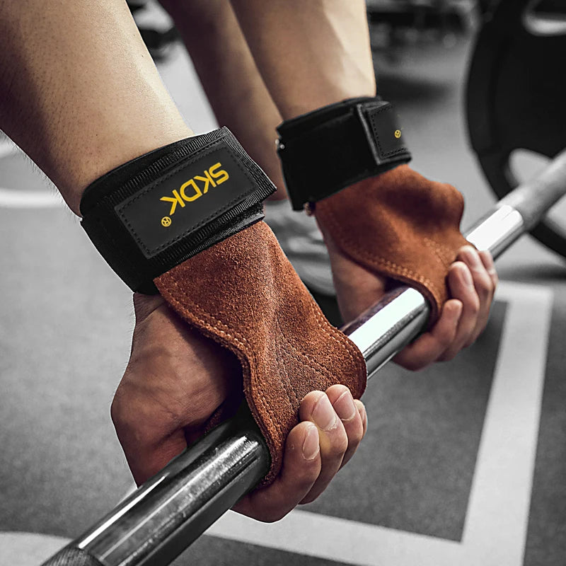 Gym Grips For Men Women Cowhide Palm Guards Weightlifting Fitness Workout Gloves Grips with Wrist Wraps Training Equipment - Ravar