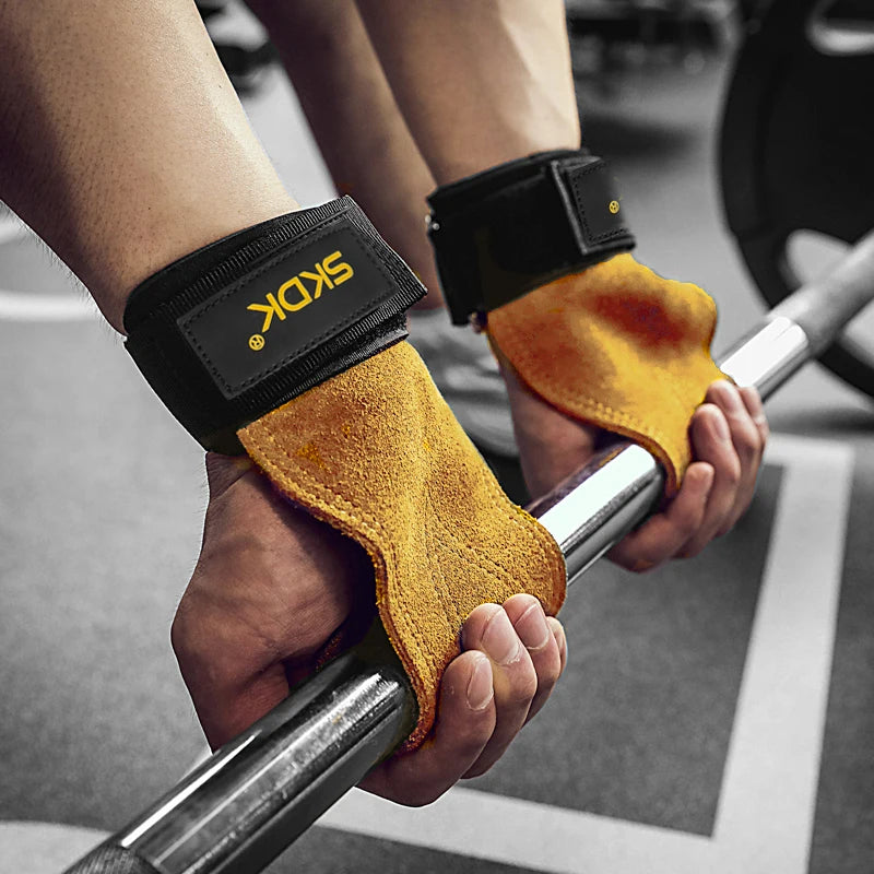 Gym Grips For Men Women Cowhide Palm Guards Weightlifting Fitness Workout Gloves Grips with Wrist Wraps Training Equipment - Ravar