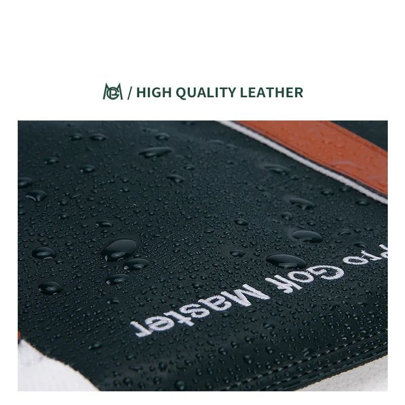 High-quality leather material with water droplets and brand name on a white background