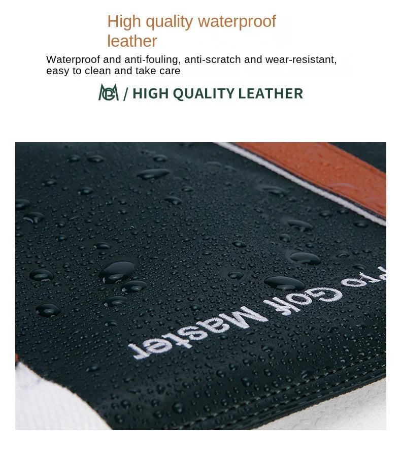 Black leather product with water droplets and 'Gorilla Master' branding on a white background.
