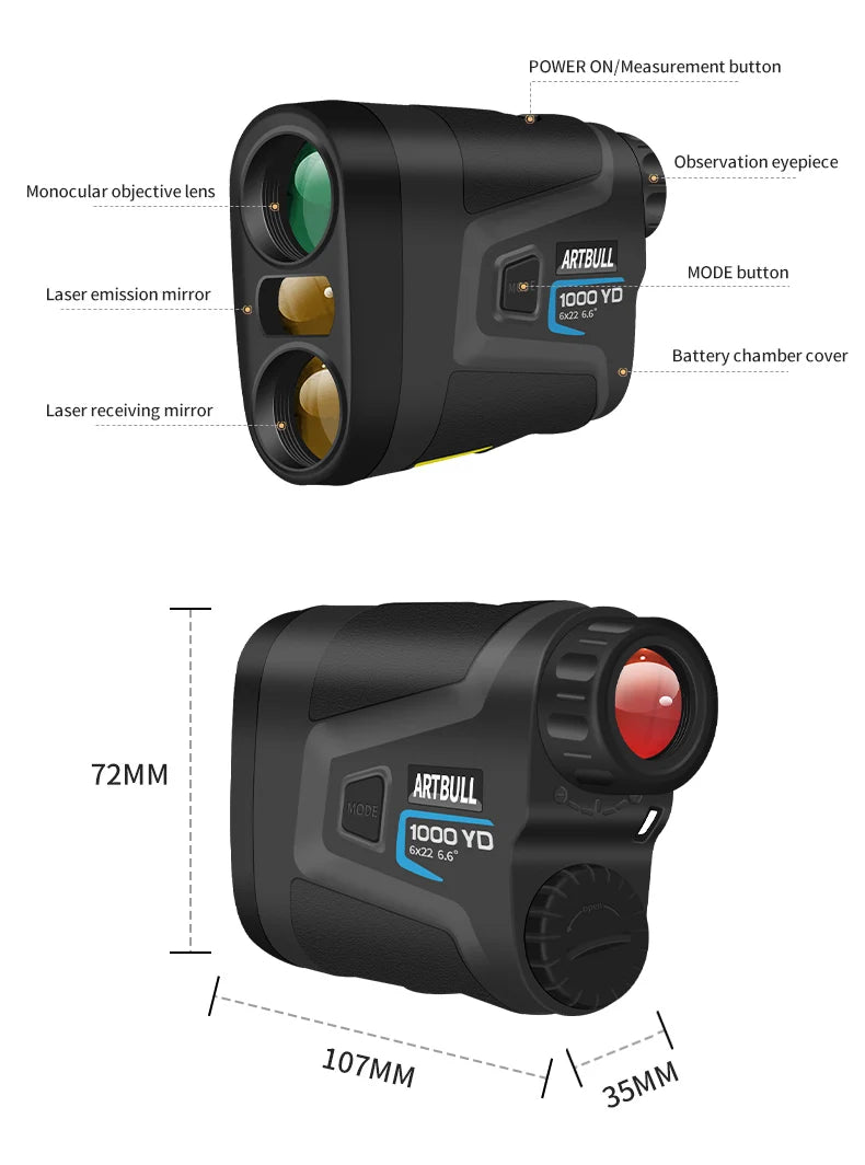 ARTBULL Golf Laser Rangefinder – 1000M/650M Distance Meter with Flagpole Lock, Slope Compensation & 6X Magnification (Model LS-1000) - Ravar