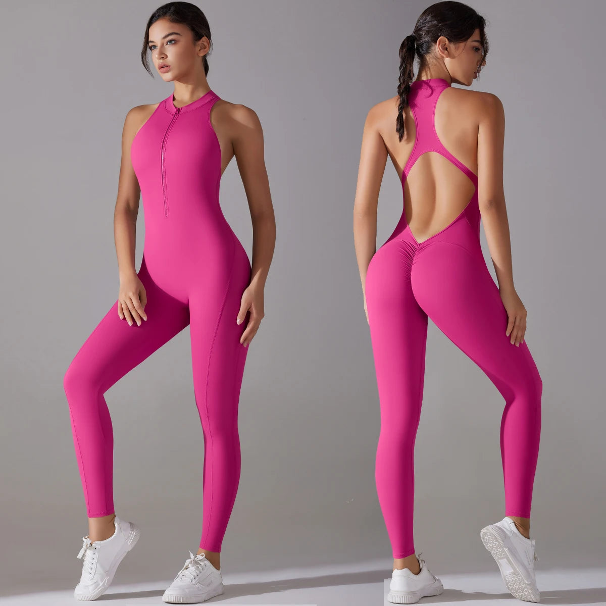 Woman wearing a pink jumpsuit with open back, shown from front and back, on a gray background.
