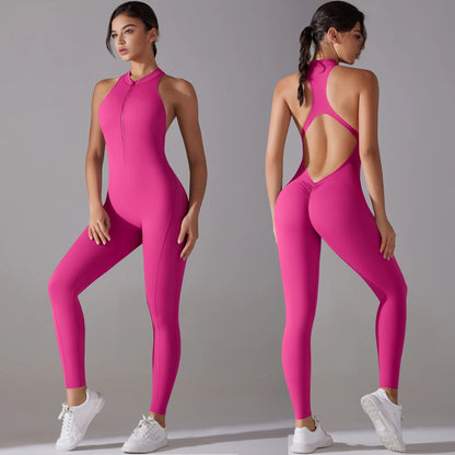 Woman wearing a pink jumpsuit with open back, shown from front and back, on a gray background.