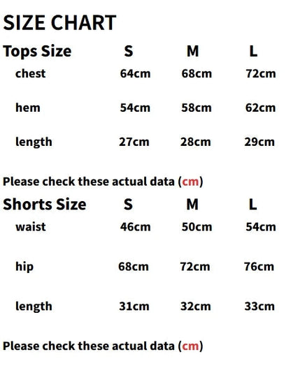 Size chart for tops and shorts with measurements in centimeters
